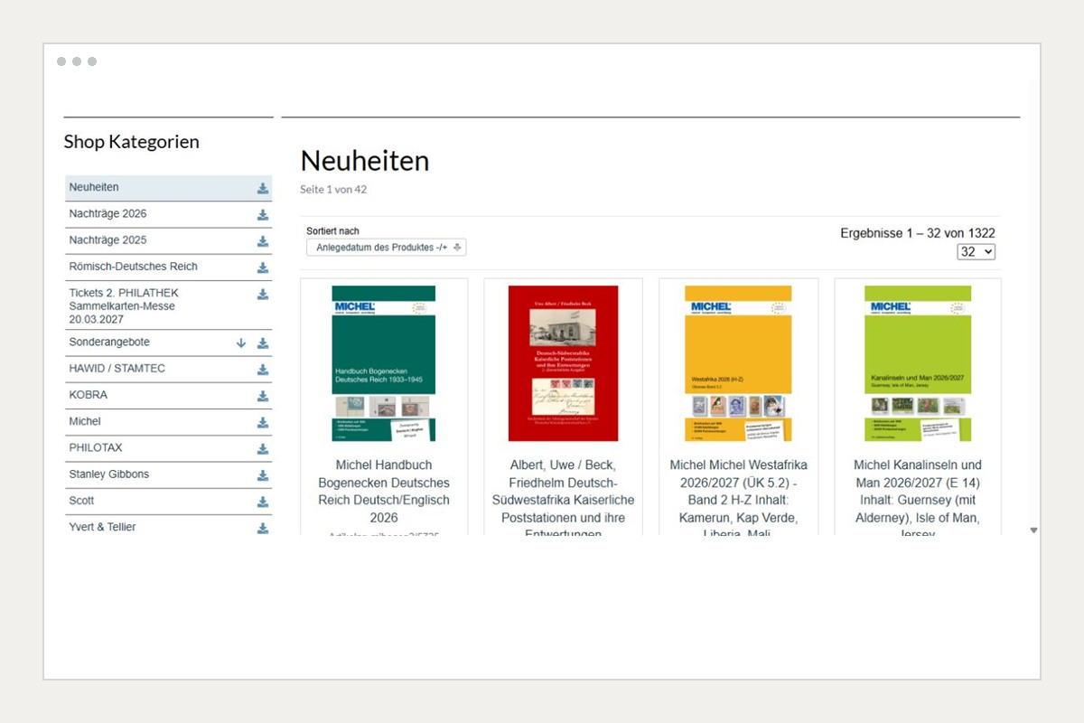 Philathek: Kategorien mit PDF-Katalogzugriff und Produktübersicht