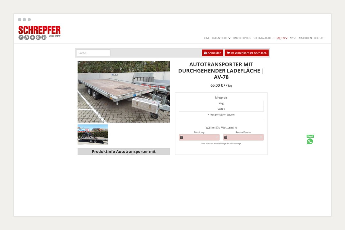 Schrepfer: Mietprodukt mit Auswahl von Abholungs- und Rückgabedatum